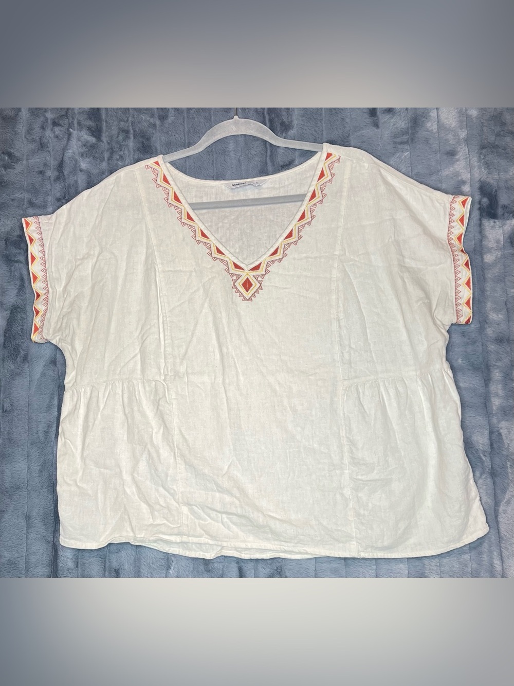 Sonoma Goods For Life White Linen Blend Embroidered Boho Peplum Top PL